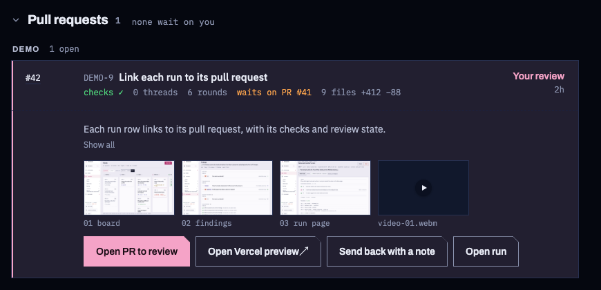 The same pull request row in the Night theme.